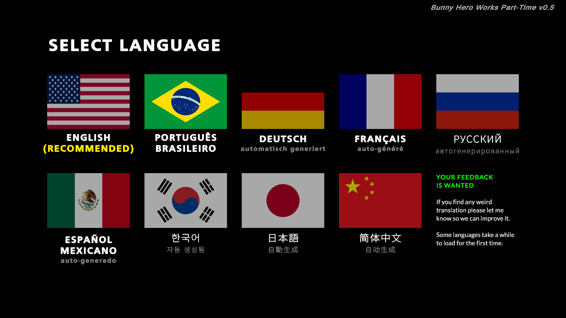 "Bunny Hero Works Part-Time" supports 9 languages: English, Brazilian Portuguese, Mexican Spanish, German, French, Russian, Korean, Japanese, Simplified Chinese